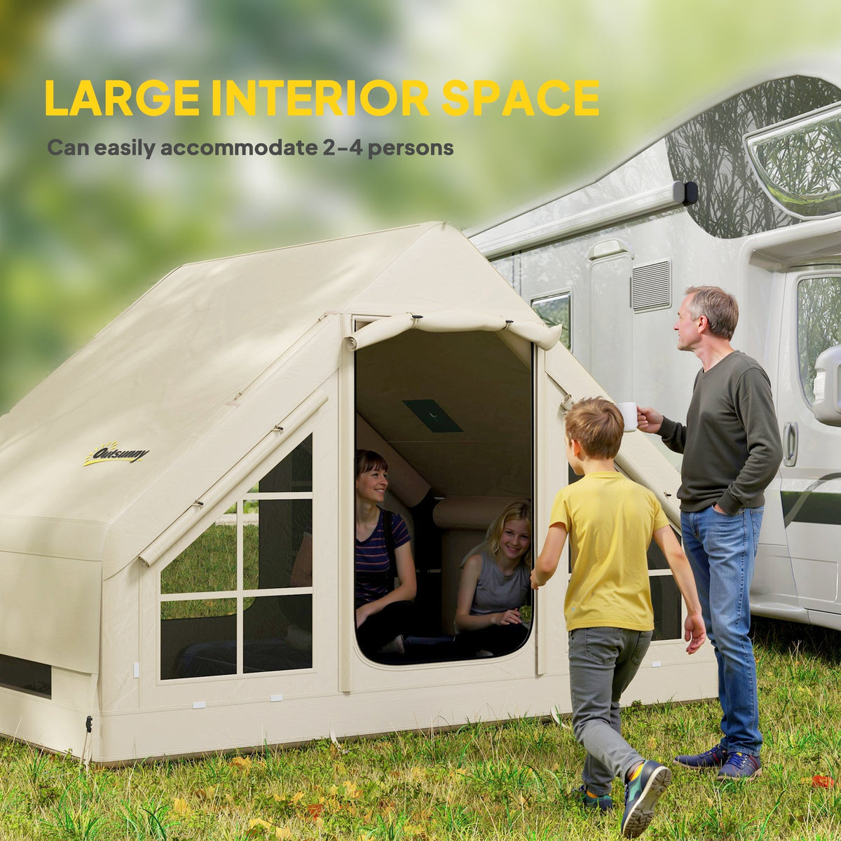 Outsunny Inflatable Camping Tent with Pump and Stove Jack Hole, Easy Setup 2-4 Person Blow Up Tent, Waterproof Luxury Inflatable Tent with Mesh Windows, Doors, Hook and Carry Bag, Beige