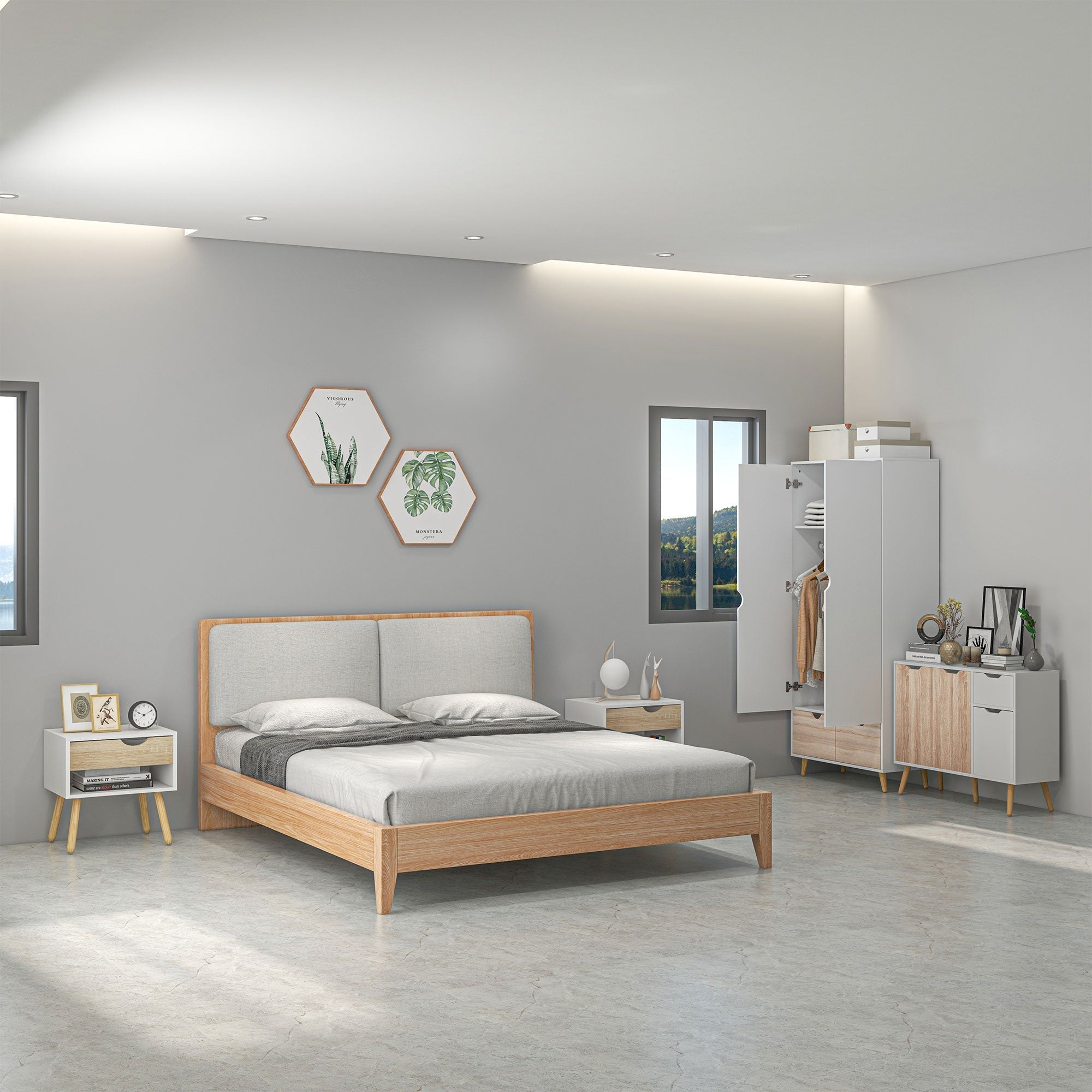 HOMCOM Bedroom Furniture Set, Wardrobe with Hanging Rod, Side Cabinet with Wood Legs, Bedside Table with Drawer, Nature Wood Finish and White