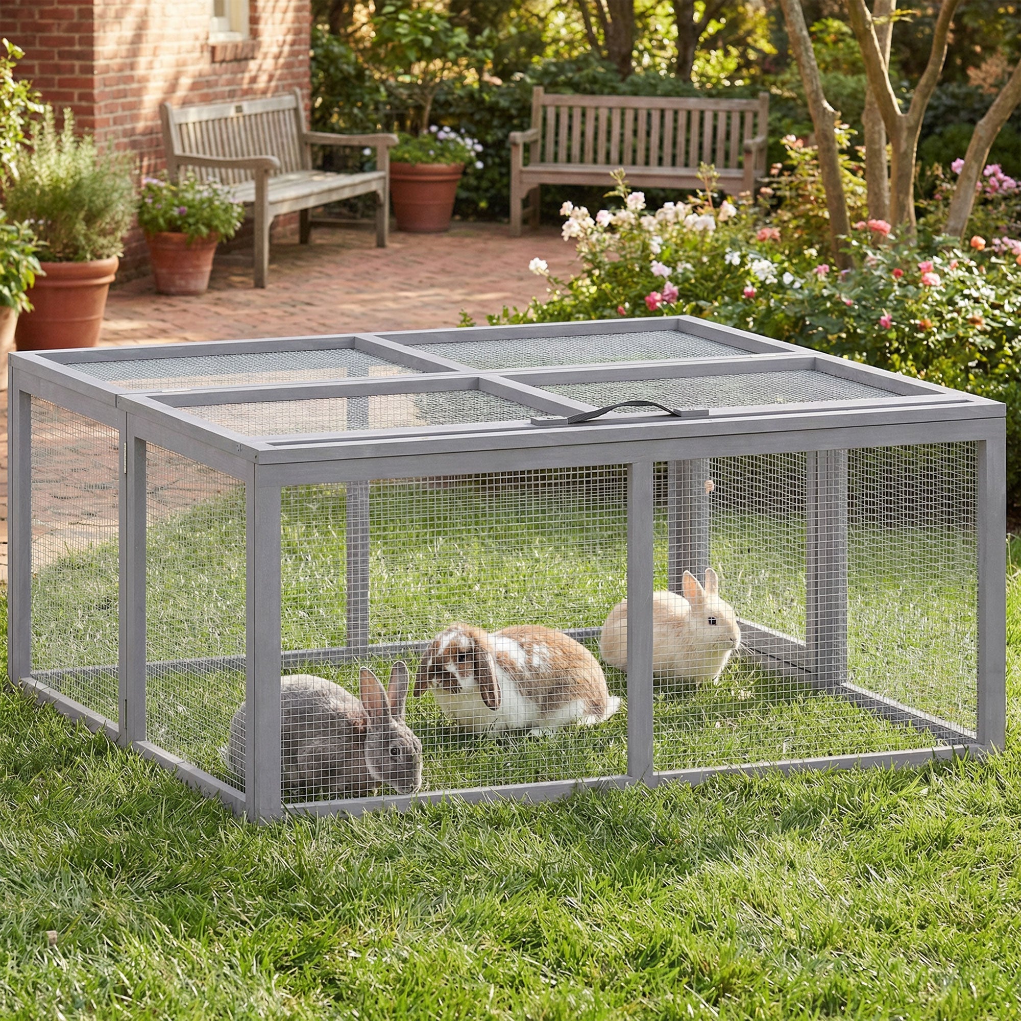 PawHut Rabbit Hutch Outdoor, Foldable Guinea Pig House with Openable Top, for 3 Bunnies, Ducks, Chickens, 110 x 105 x 50 cm