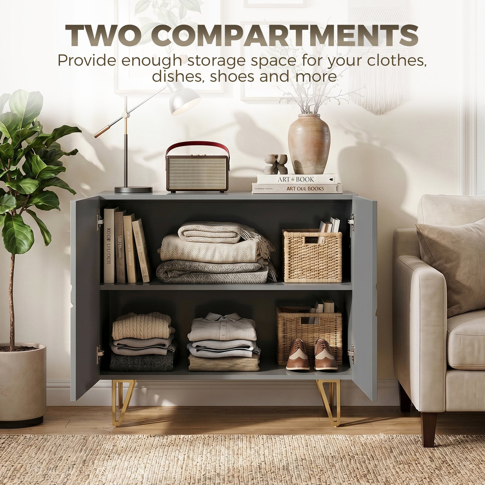 HOMCOM Modern Luxe High Gloss Sideboard, with Hairpin Legs - Grey