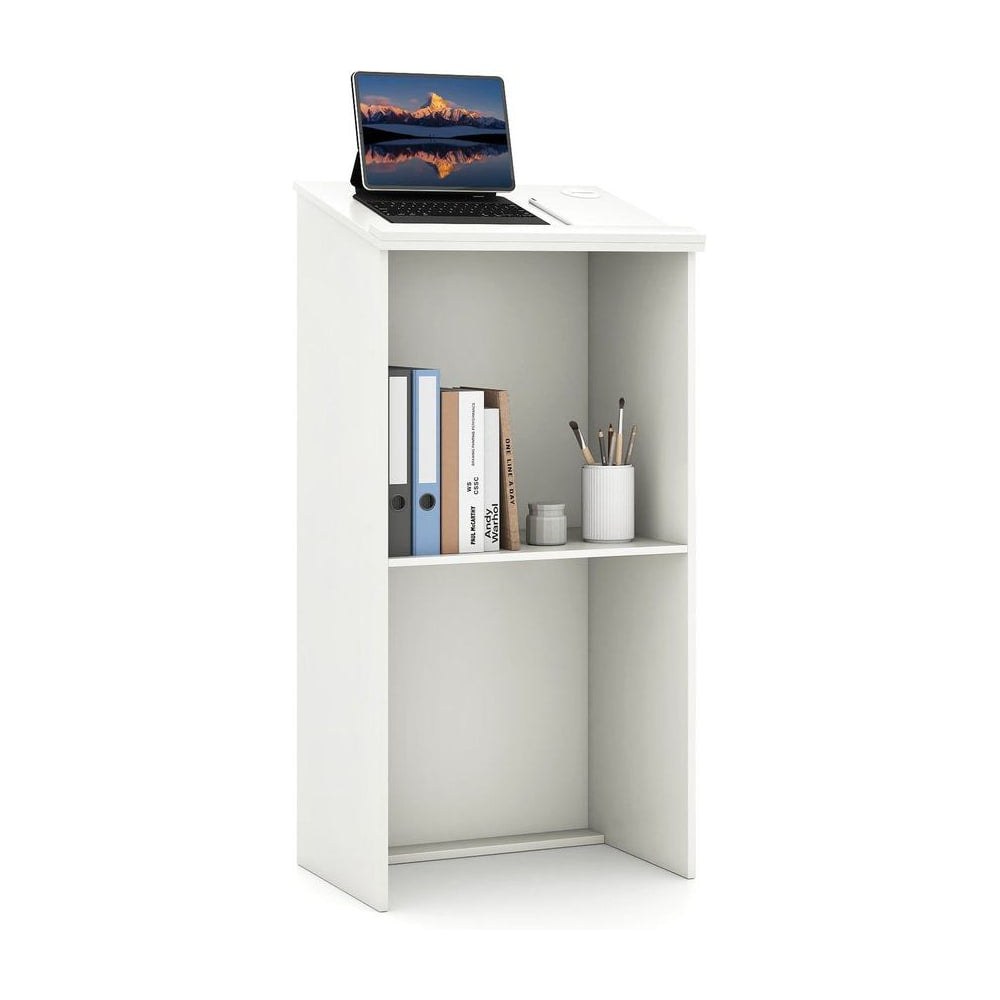 Podium Stand with a laptop on the top surface and books on the middle storage shelf