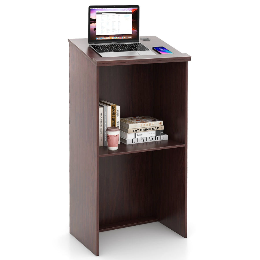 Podium Stand Hostess Stand for Speakers with Storage Shelf-Brown