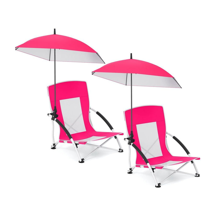 Portable Beach Umbrella Chair with Adjustable Parasol-Pink, two pink chairs with attached parasols on a white background