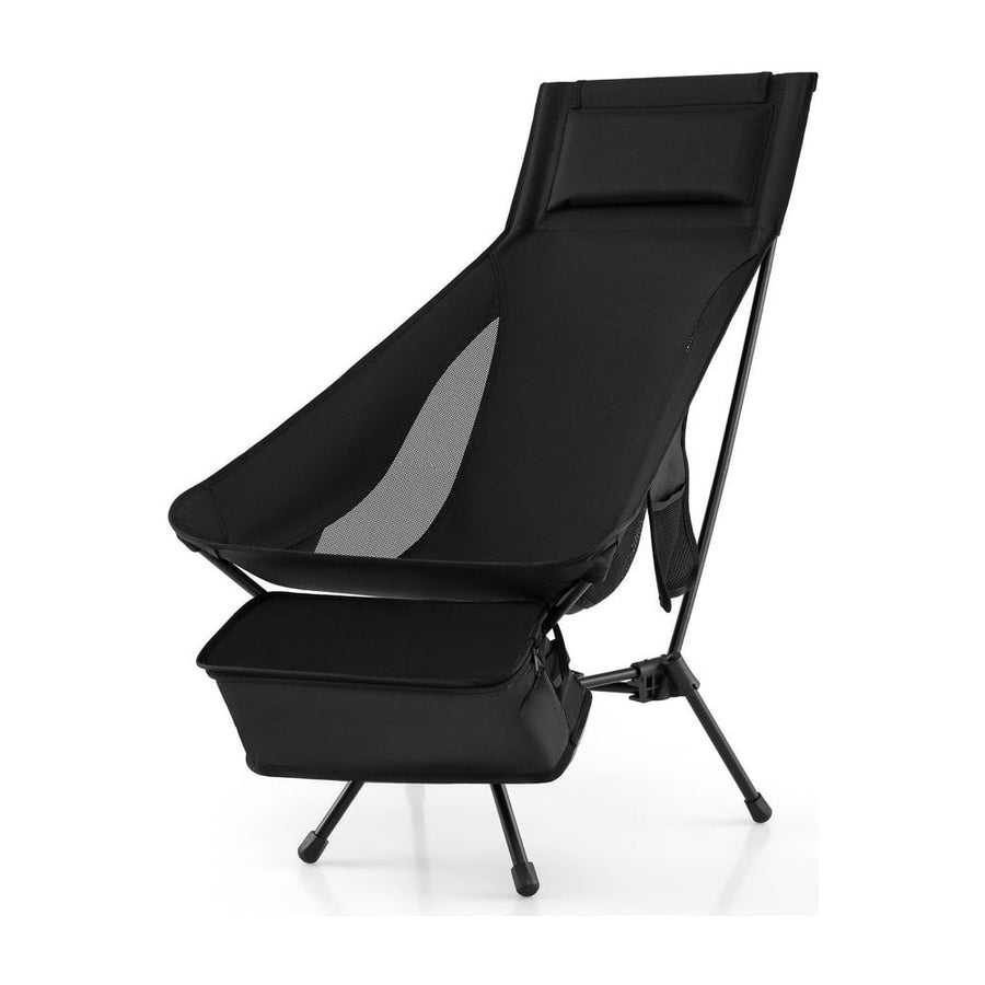 Portable Camping Chair in black, a lightweight foldable chair with a high back and storage pouch
