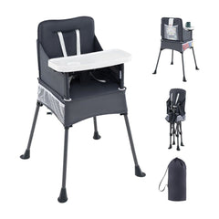 Portable High Chair shown fully assembled with a tray, folded, and inside a carry bag