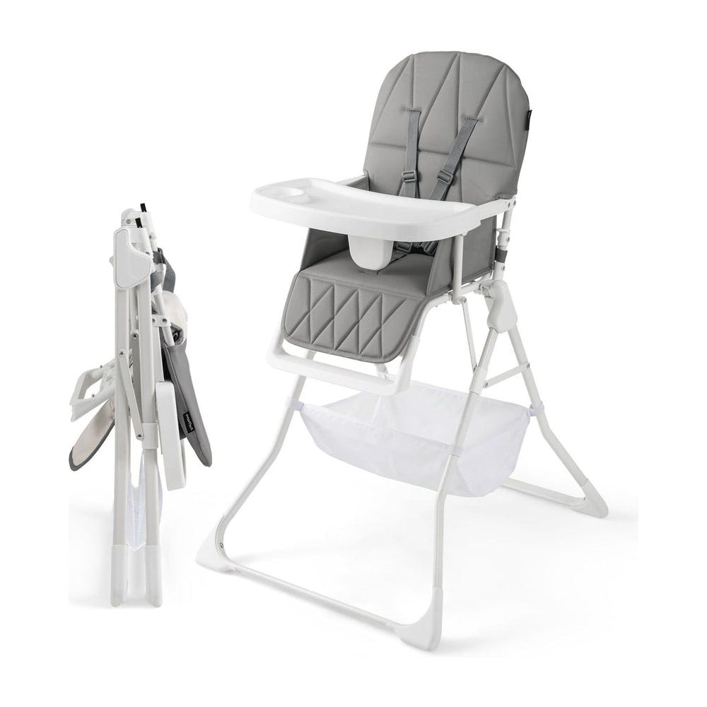 Portable High Chair with 3-Level Adjustable Tray and Footrest in grey, shown folded and upright
