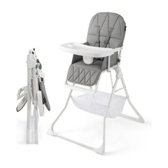 Portable High Chair with 3-Level Adjustable Tray and Footrest in grey, shown folded and upright