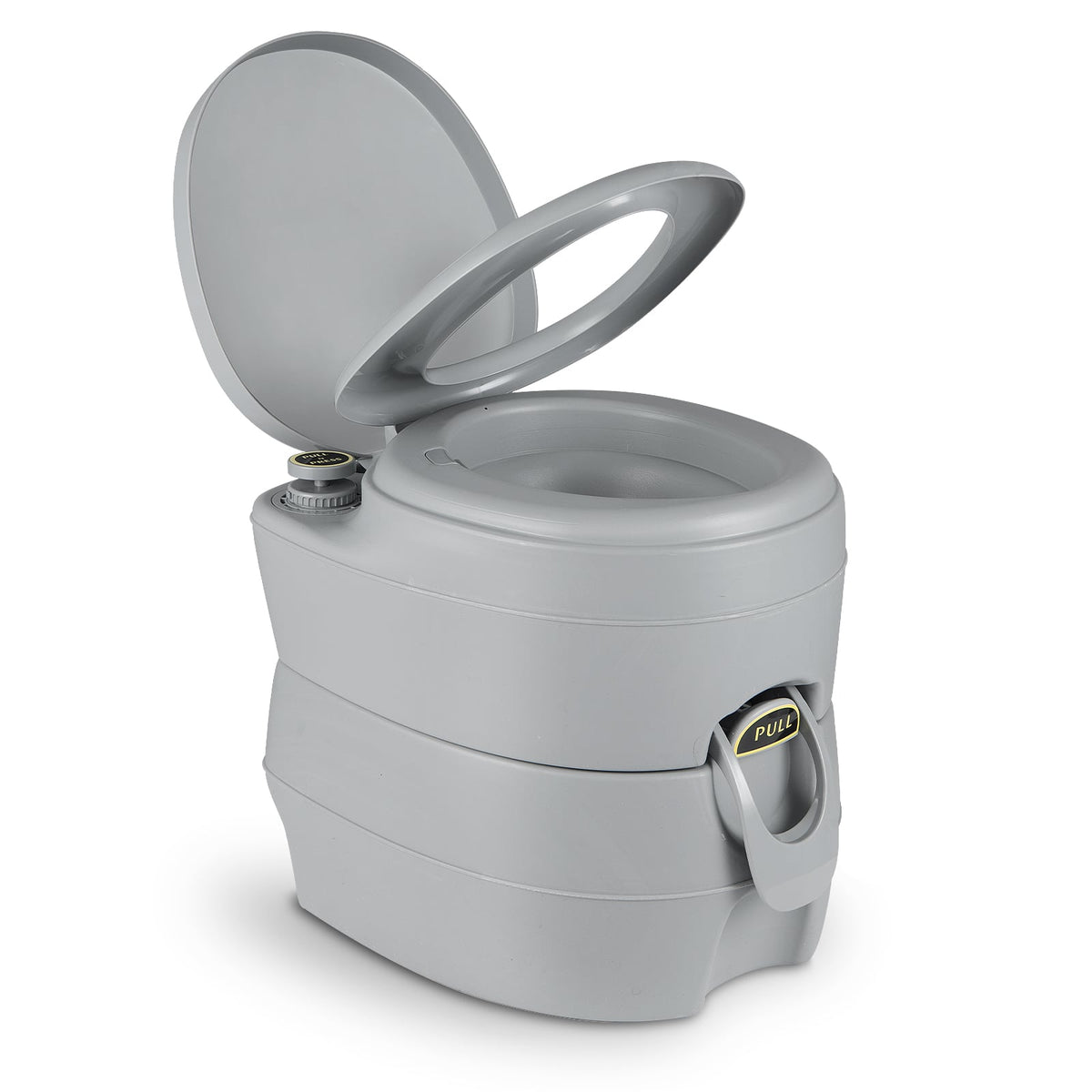 Portable Toilet with 20 L Detachable Waste Tank, a grey camping toilet with the lid open