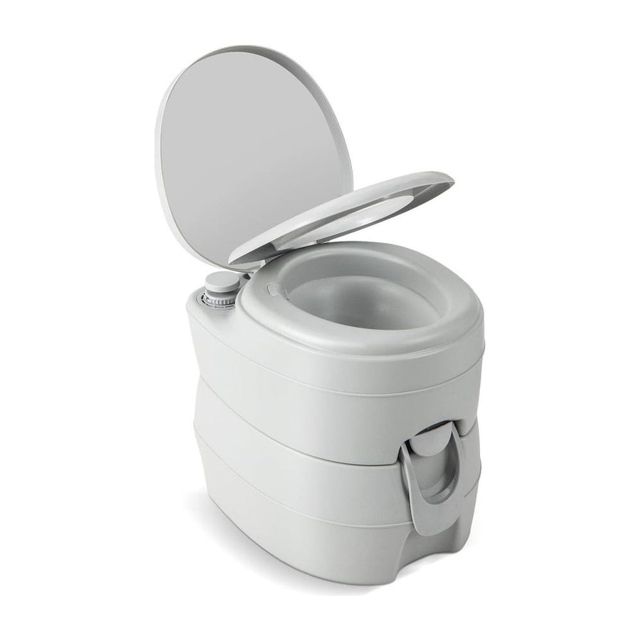 Portable Toilet with 20 L Detachable Waste Tank in grey, shown with the lid and seat up