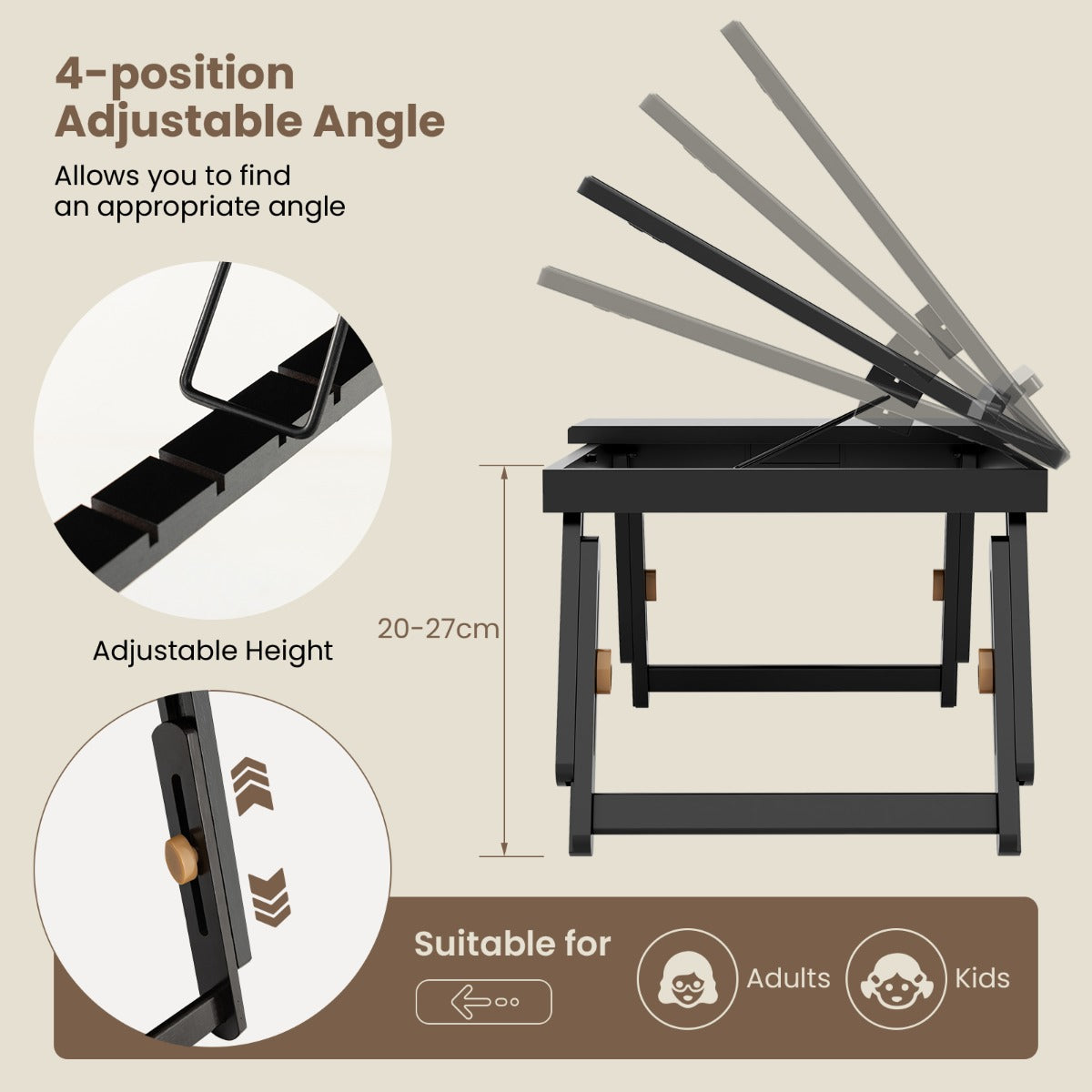 Portable Bamboo Laptop Lap Tray with Adjustable Legs and Tilting Top-Brown