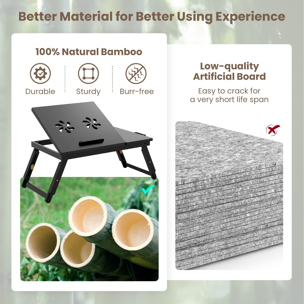 Portable Bamboo Laptop Lap Tray with Adjustable Legs and Tilting Top-Brown
