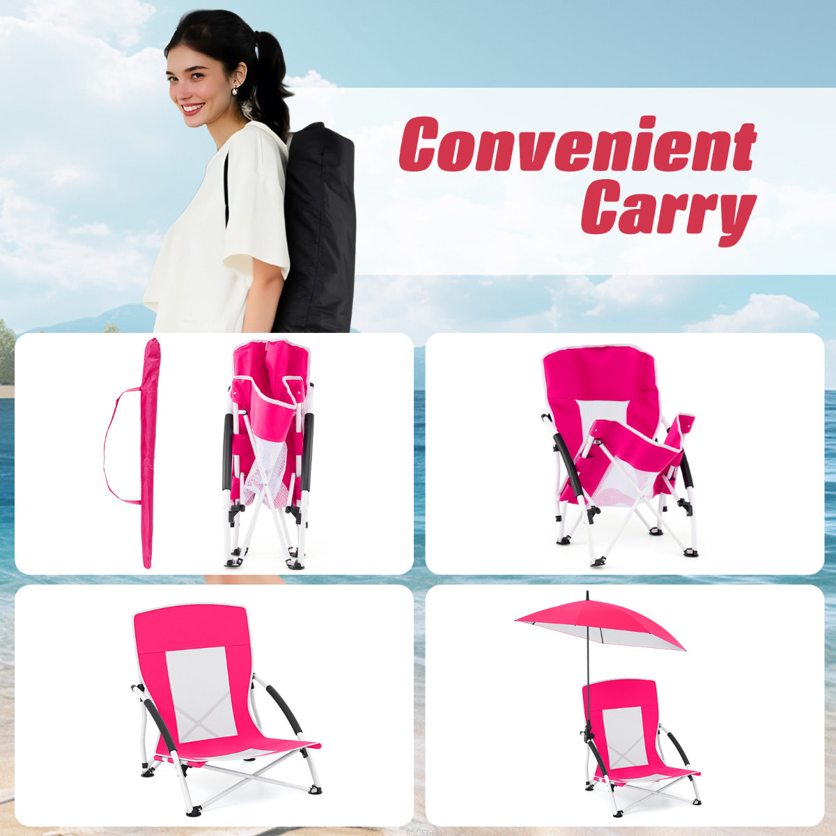 Portable Beach Umbrella Chair with Adjustable Parasol-Pink