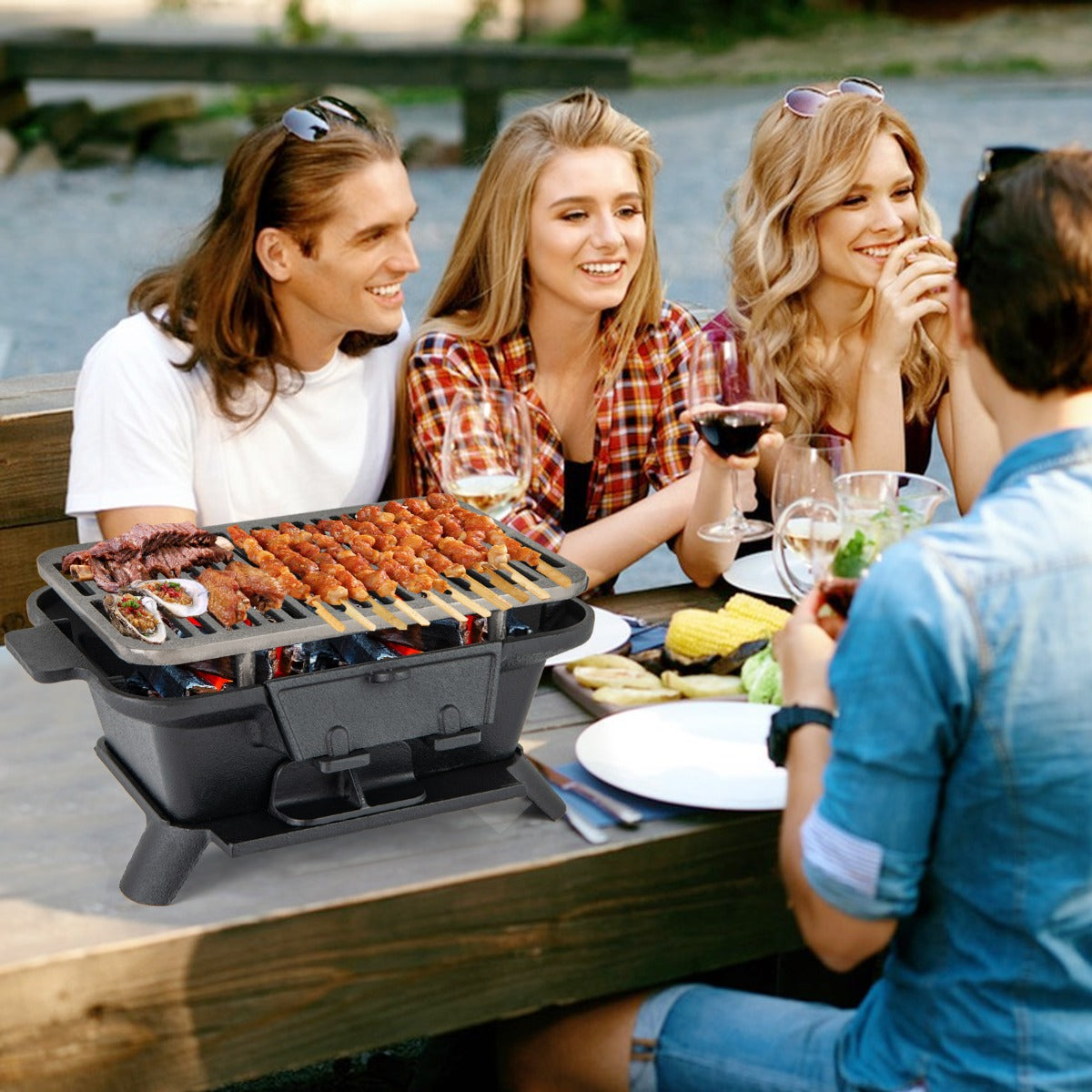 Portable Charcoal Grill with Double-sided Grilling Net