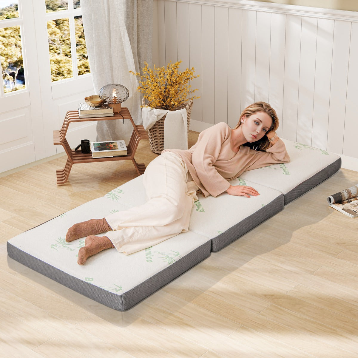 193 x 80 CM Portable Tri-Folding Floor Foam Mattress-Grey