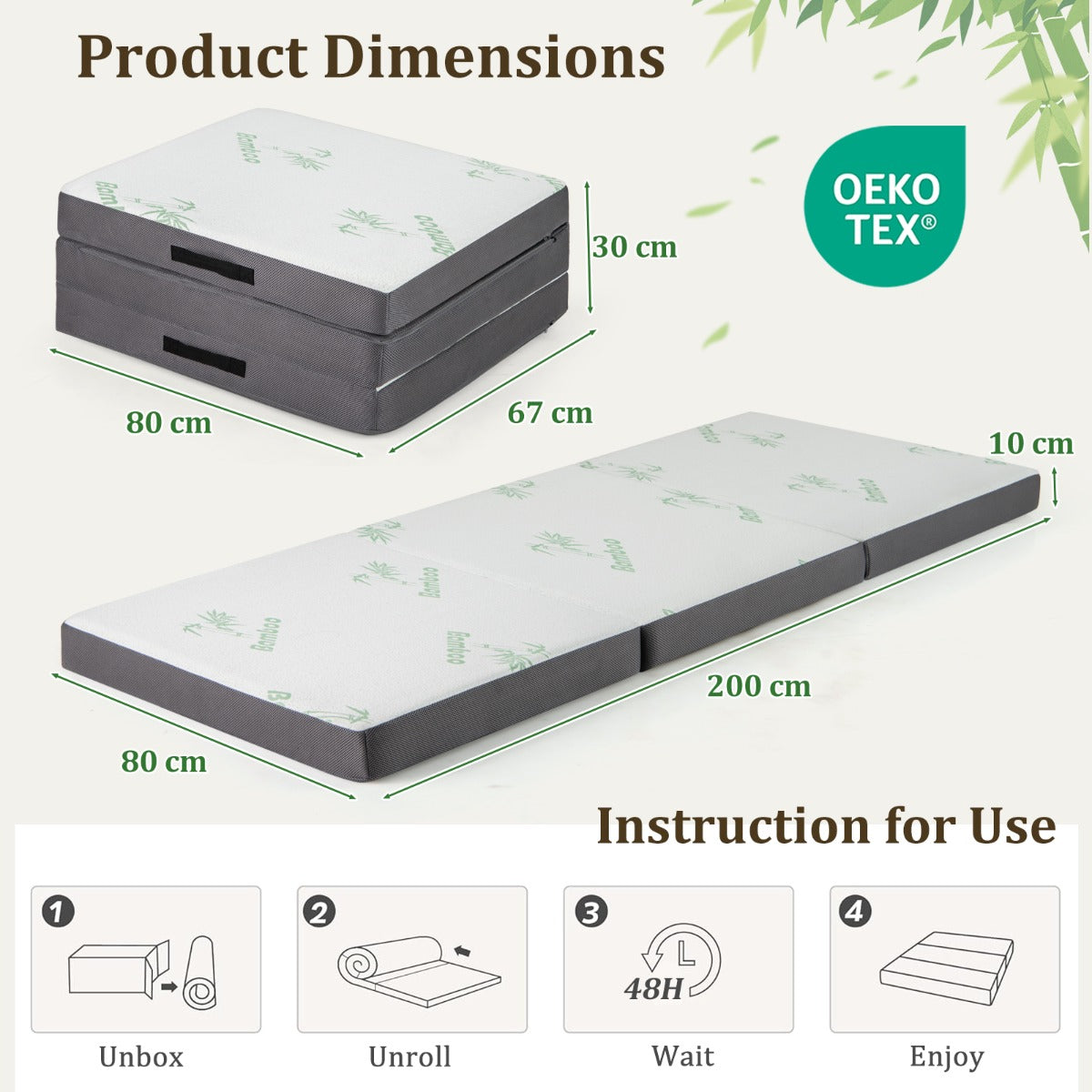 193 x 80 CM Portable Tri-Folding Floor Foam Mattress-Grey