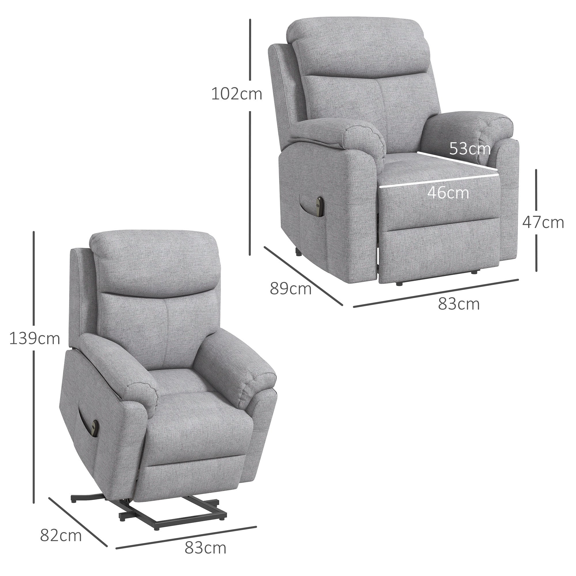 HOMCOM Power Lift Recliner Chair, Electric Lift Chair for Elderly, Overstuffed Linen Fabric Riser and Reclining Armchair with Remote Control, Side Pockets, for Living Room, Grey