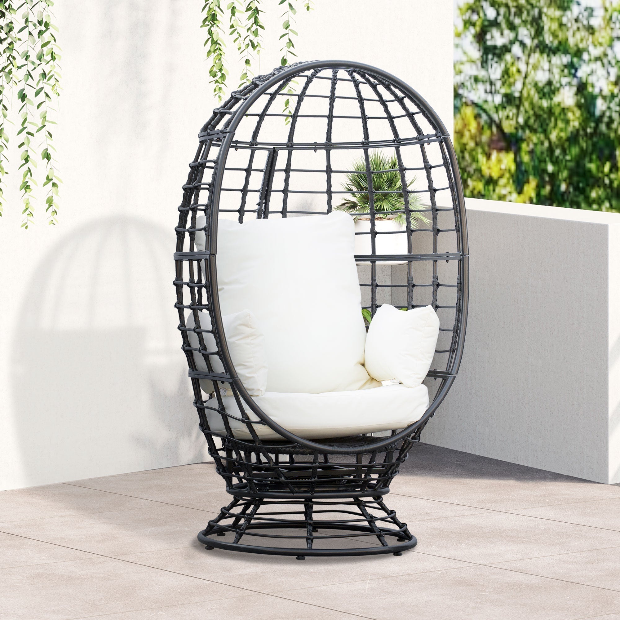 Outsunny 360 Swivel Egg Chair, Garden Rattan Swivel Chair with Thickened Cushion and Pillow, 150 KG Capacity for Indoor Outdoor, Balcony, Patio, Black