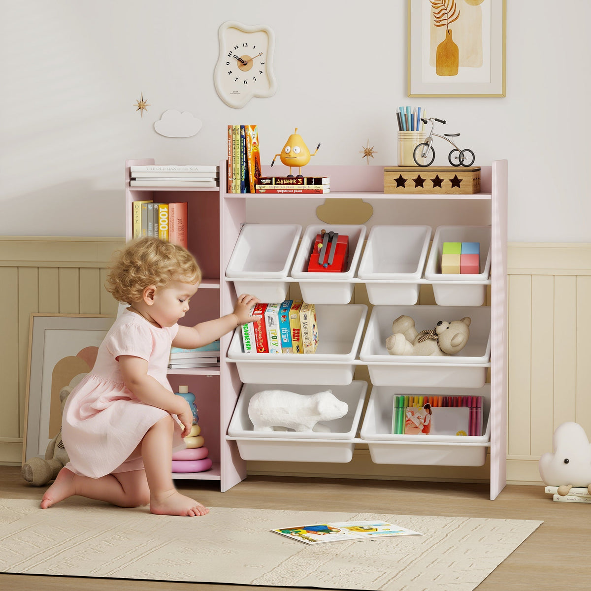 AIYAPLAY Toy Storage Unit with 8 Removable Bins, Storage Shelves, Cabinet, Pink