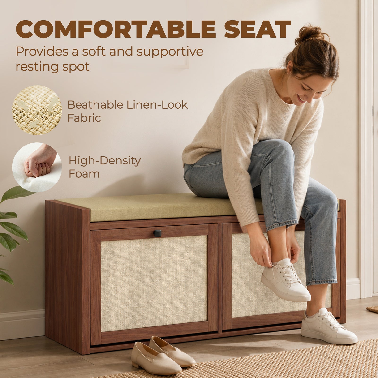 HOMCOM Rattan Shoe Bench with Padded Cushion and 2 Cabinets for Hidden Storage, Brown