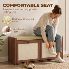 HOMCOM Rattan Shoe Bench with Padded Cushion and 2 Cabinets for Hidden Storage, Brown
