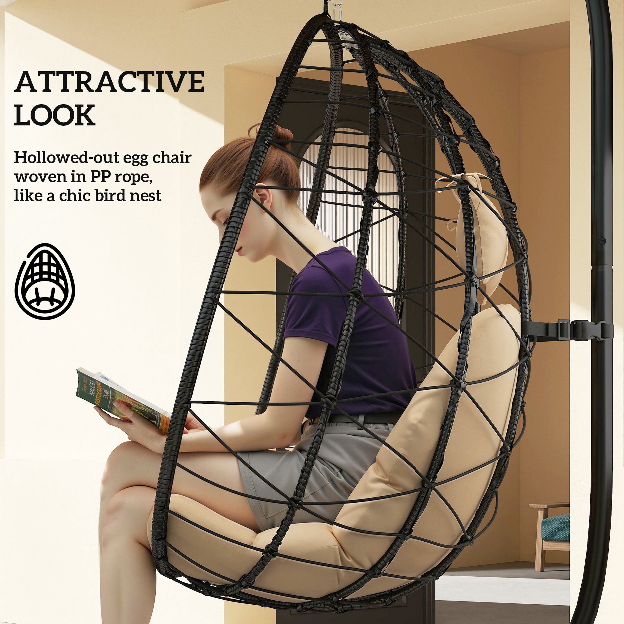 Outsunny Hanging Egg Chair Outdoor Indoor Garden Swing Chair with Folding Basket, Thickened Cushion, Garden Hanging Chair with Stand, Headrest for Patio, Balcony, Khaki