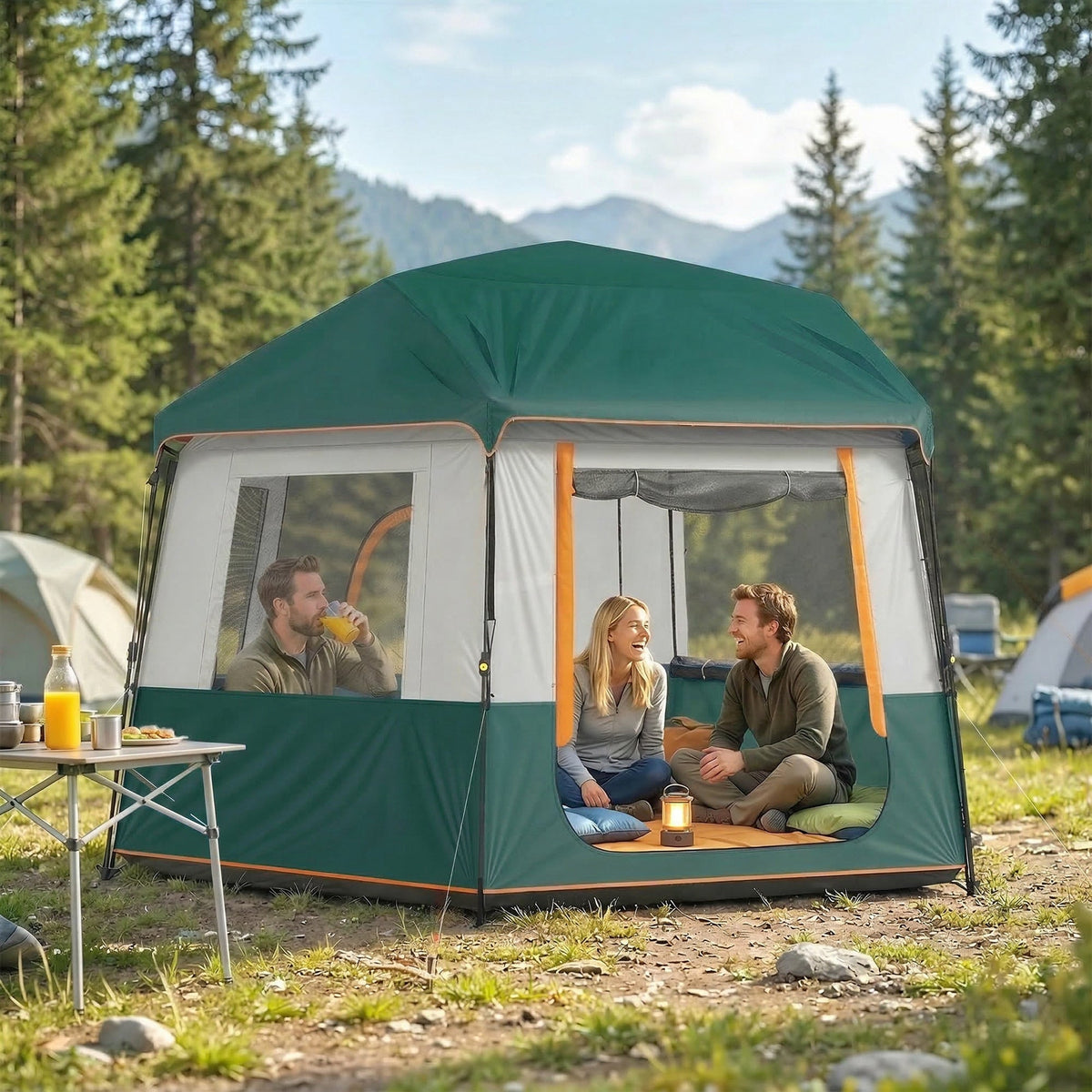 Outsunny Cabin Tent Easy Setup 3000mm Waterproof Camping Tent 4 Person with Carrying Bag Green