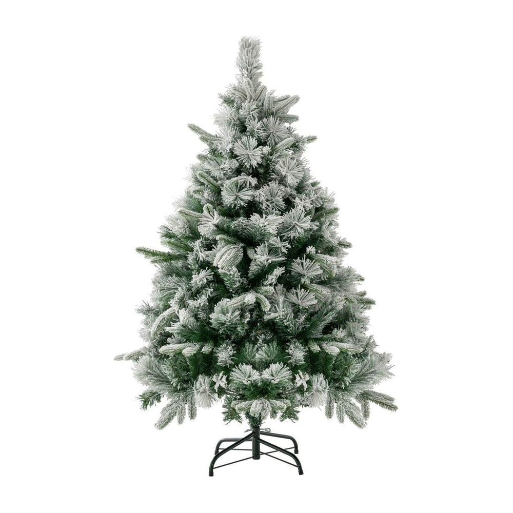 Pre-Lit Snow Flocked Christmas Tree with Warm-White LED Lights standing on a black metal base
