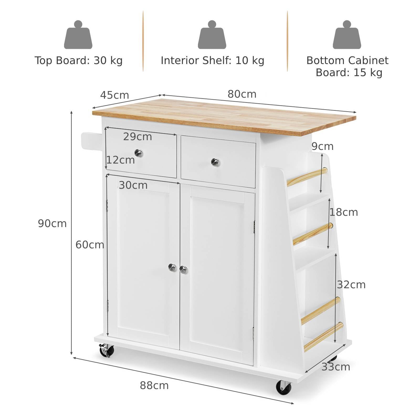 Kitchen Island with Rubber Wood Countertop and Storage on Wheels-White