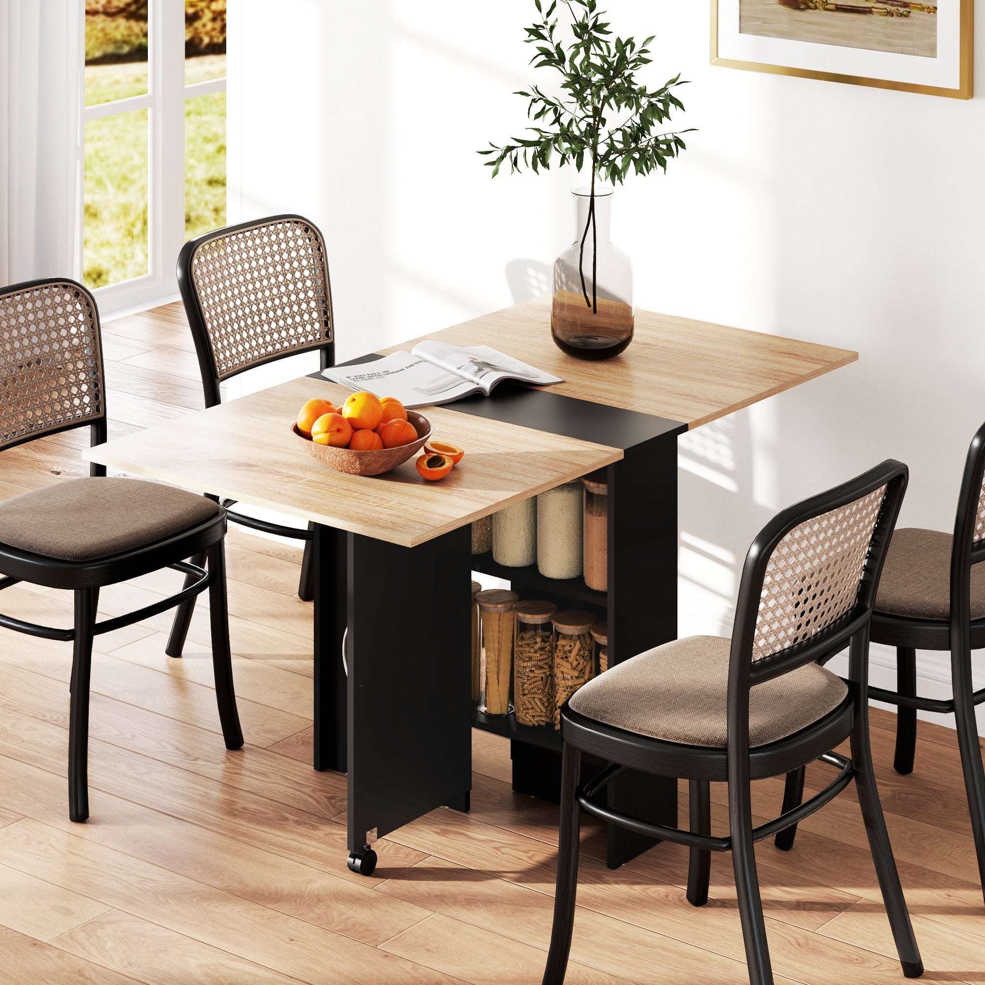 HOMCOM Folding Dining Table, Drop Leaf Table with 2-Tier Shelves, Rolling Casters, for Small Spaces, Kitchen, Oak and Black