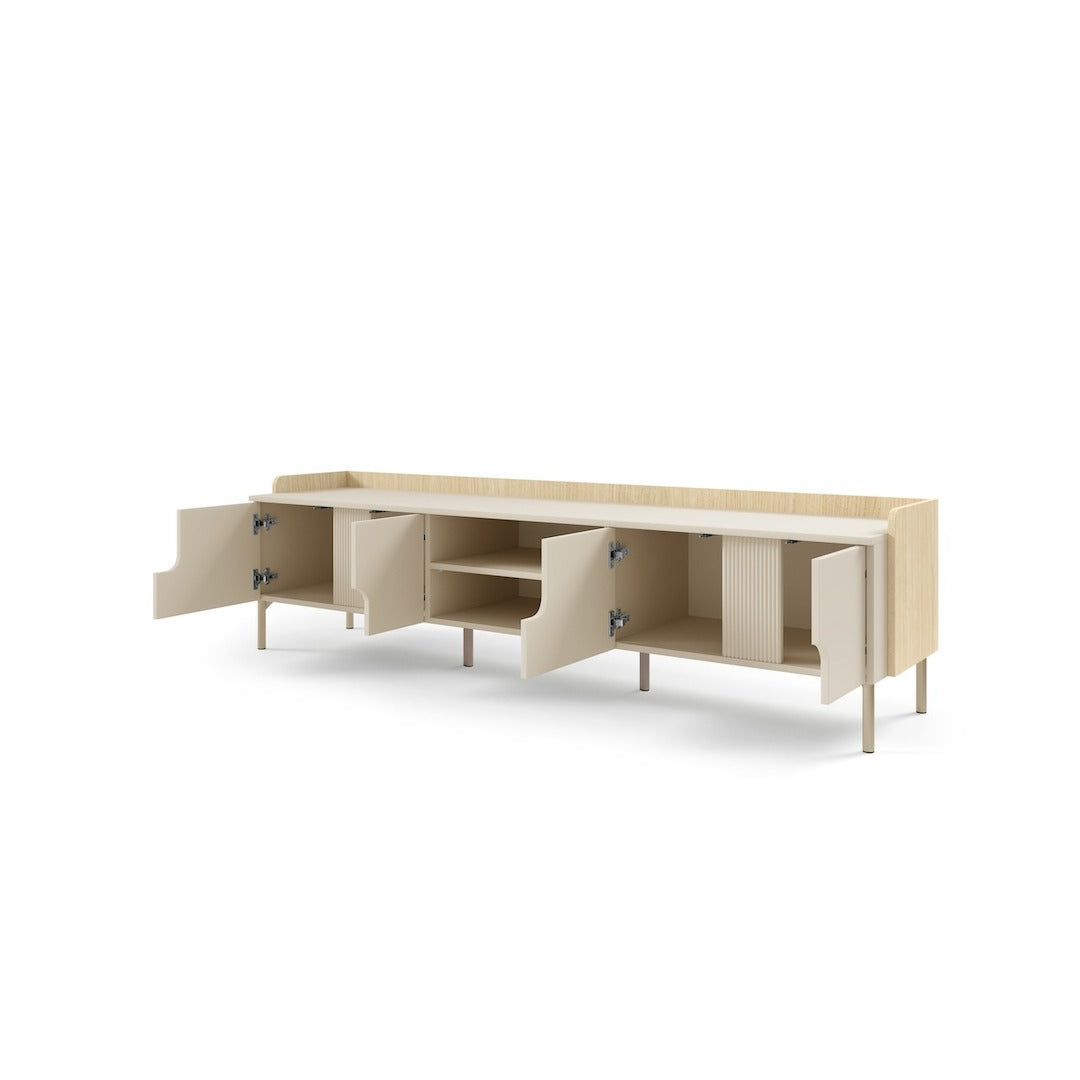 The TV cabinet with all its doors open showing storage shelves inside