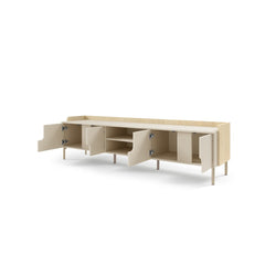The TV cabinet with all its doors open showing storage shelves inside