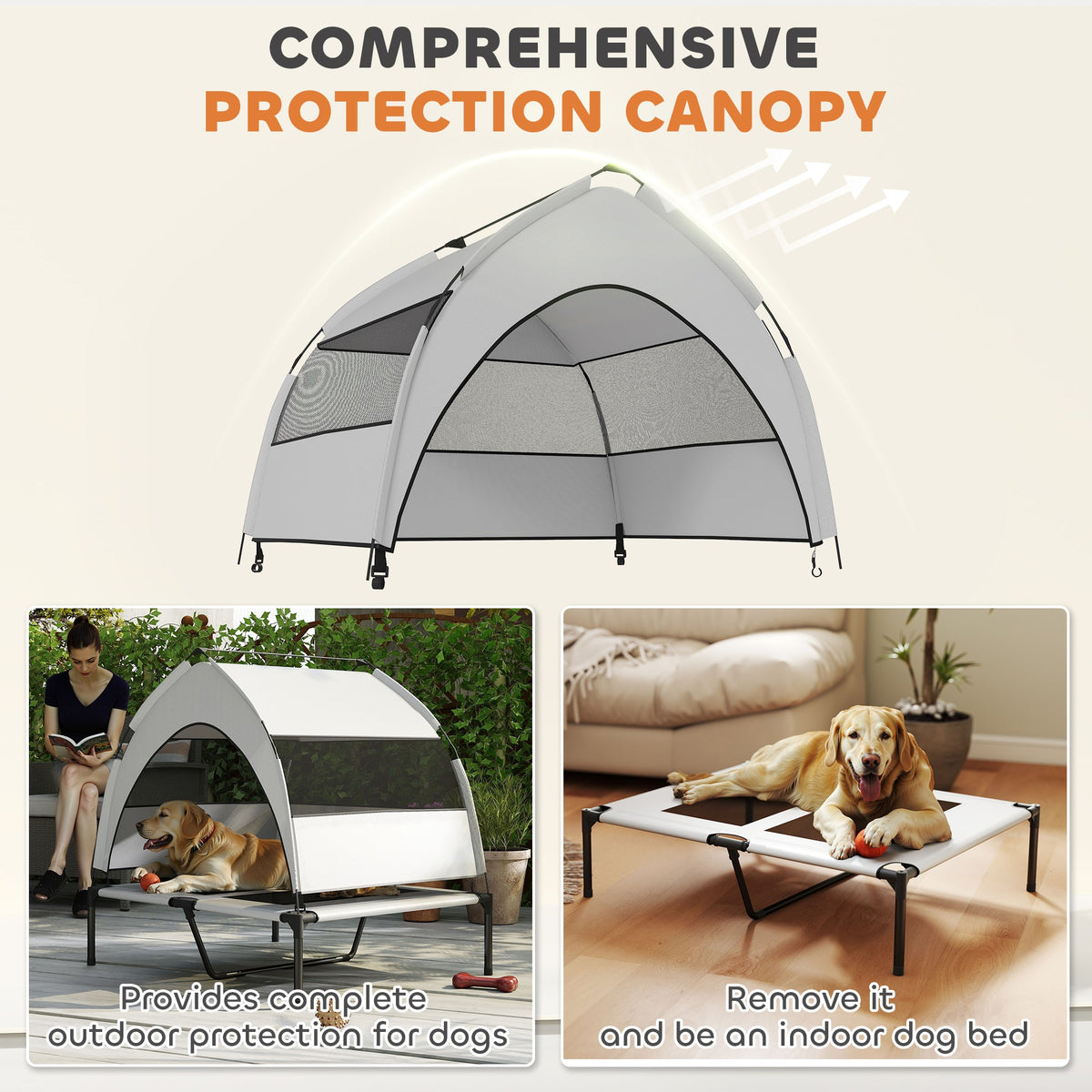 PawHut Portable Elevated Dog Bed with Removable Canopy, Cooling Raised Pet Cot for Medium Large Dogs, 92 x 75 x 89 cm