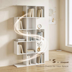 HOMCOM 5-Tier Bookshelf, S Shaped Geometric Bookcase with 15 Compartments, White Wood Effect