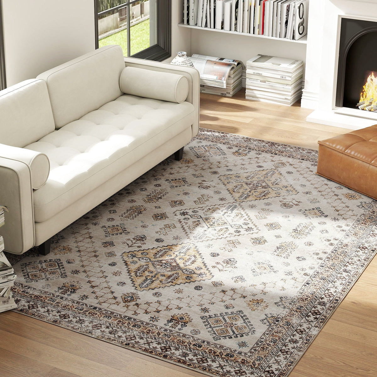 HOMCOM Vintage Area Rug, Non-Slip Washable Rug, Flannel Floor Carpet for Living Room, Bedroom, Dining Room, Home Office, 290 x 200 cm, Beige