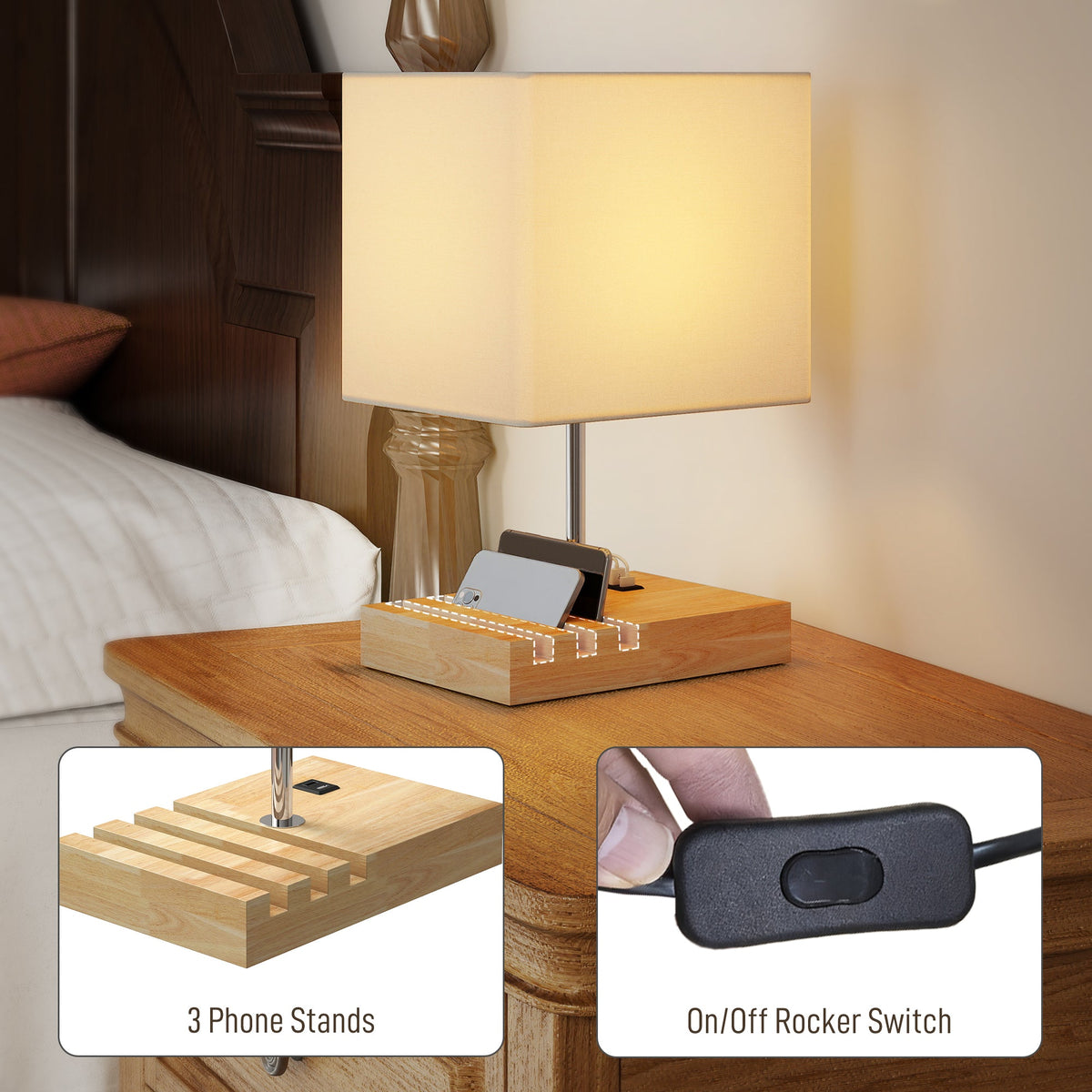 HOMCOM Bedside Lamp with USB A+C Charging Ports and 3 Phone Stands, Modern Table Lamp with Solid Wood Base and Fabric Shade for Bedroom Living Room Office, E27 Socket, Bulb Not Included, White