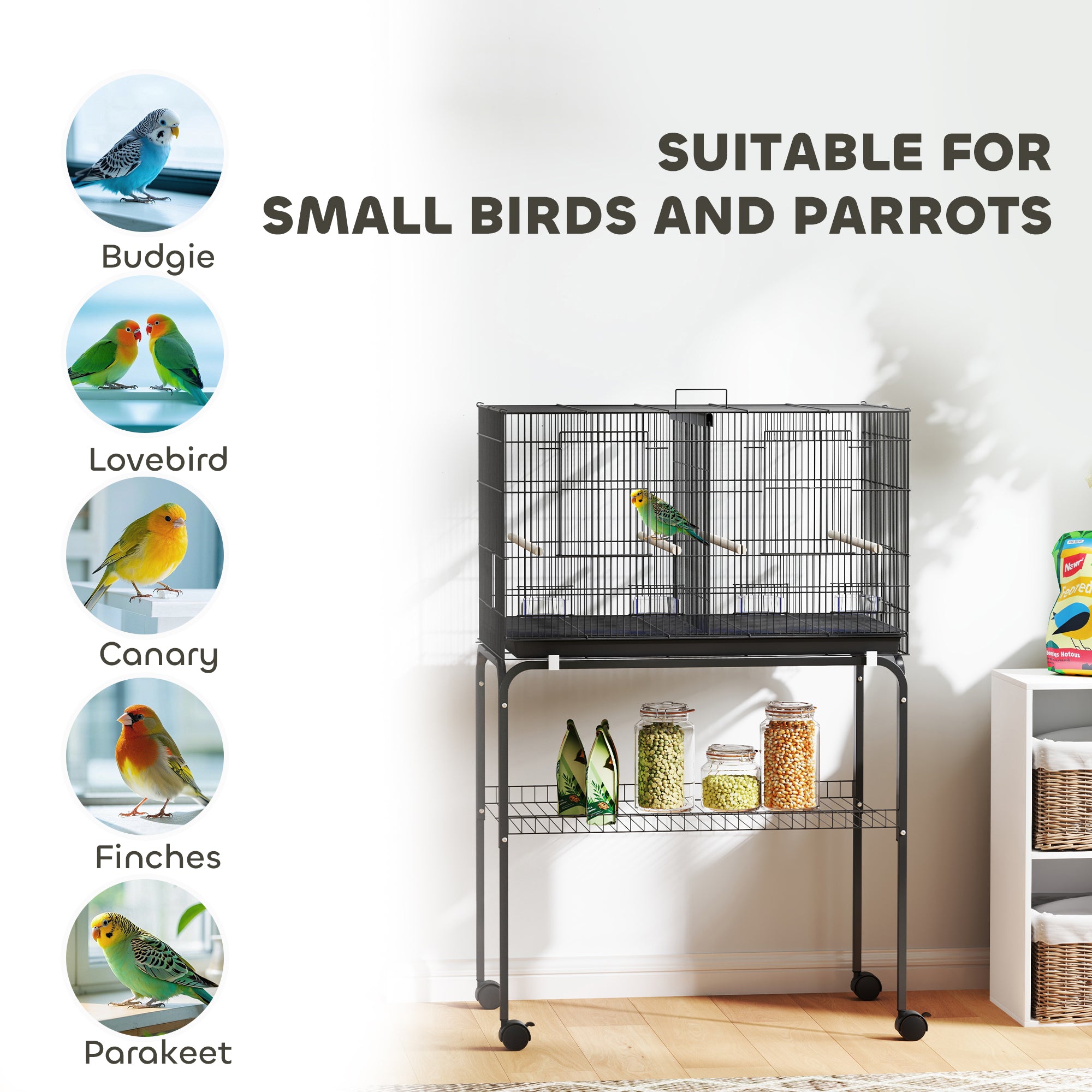 PawHut Bird Cage with Divider, 4 Wooden Perches, Slide Out Tray, 4 Feeders, for Budgie, Lovebird, Canary, 76 x 46 x 116cm Black