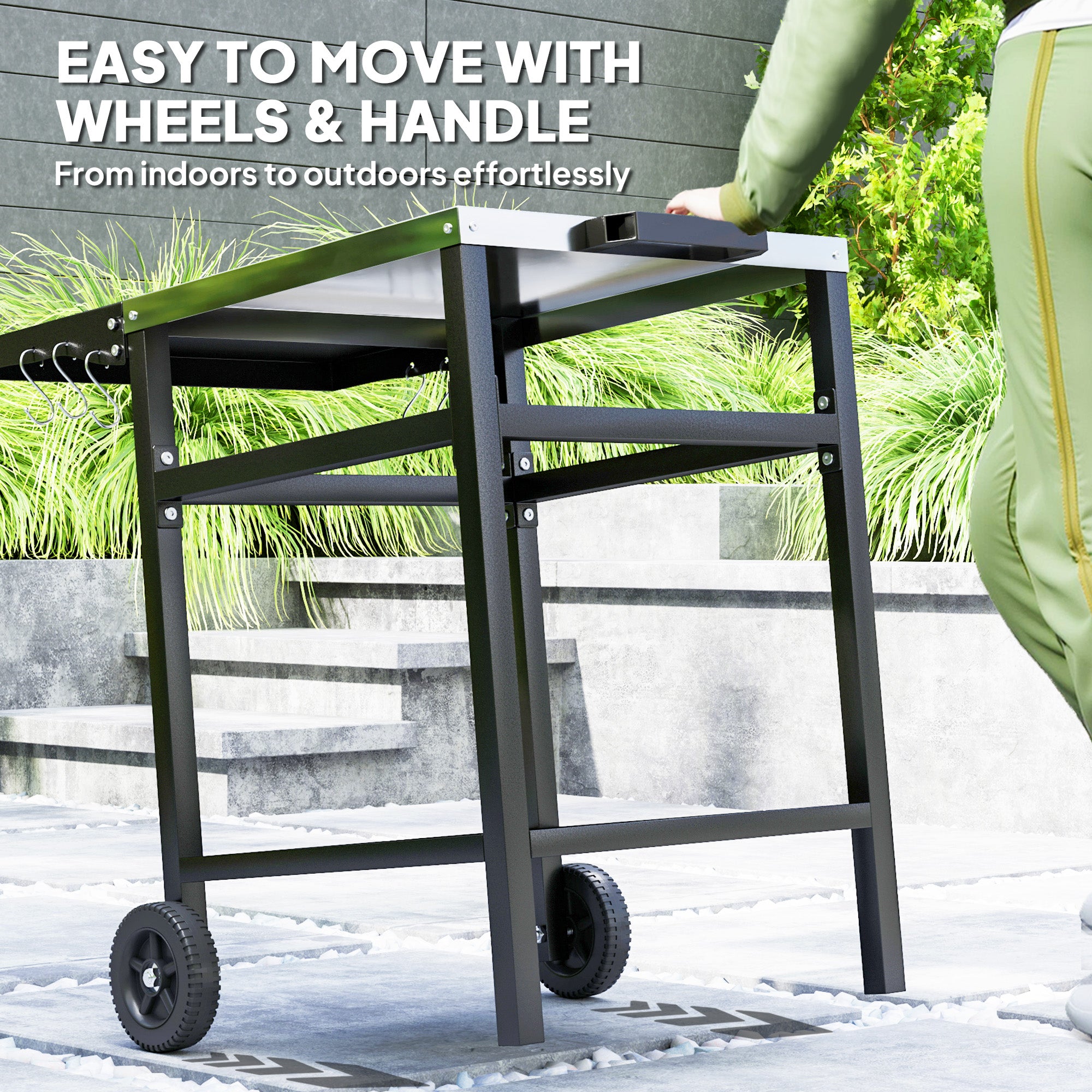 Outsunny BBQ Trolley with Stainless Steel Top and Foldable Side Table, Outdoor Kitchen BBQ Station with Hooks and Shelf, Pizza Oven Table Movable Outdoor Grill Dining Cart with Cover, Black