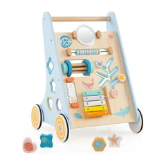 Push and Pull Learning Activity Center with Wheels is a blue wooden baby walker with various interactive toys and wheels