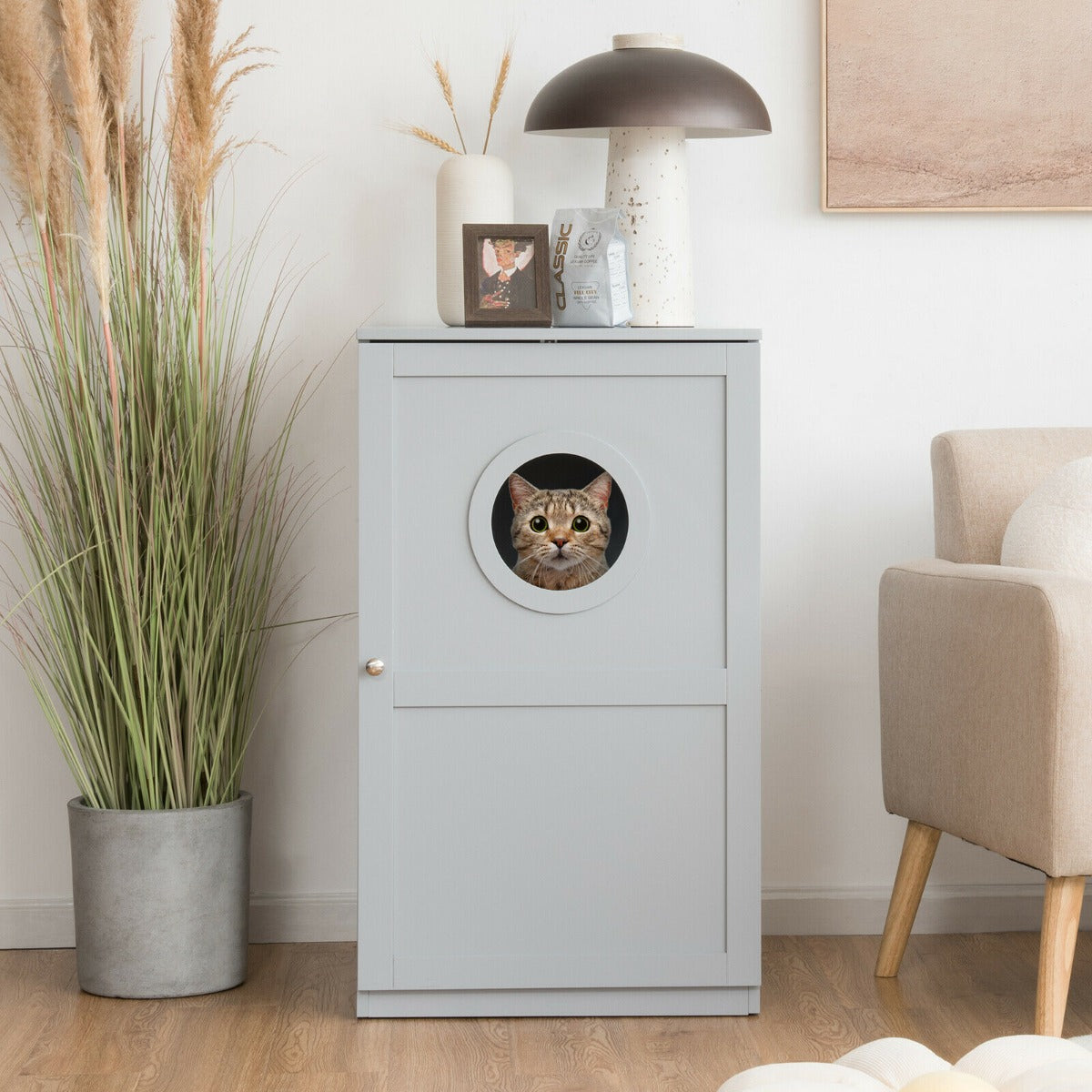 2-Tier Kitty Hidden Washroom Toilet with Entrance Hole and Door-Grey