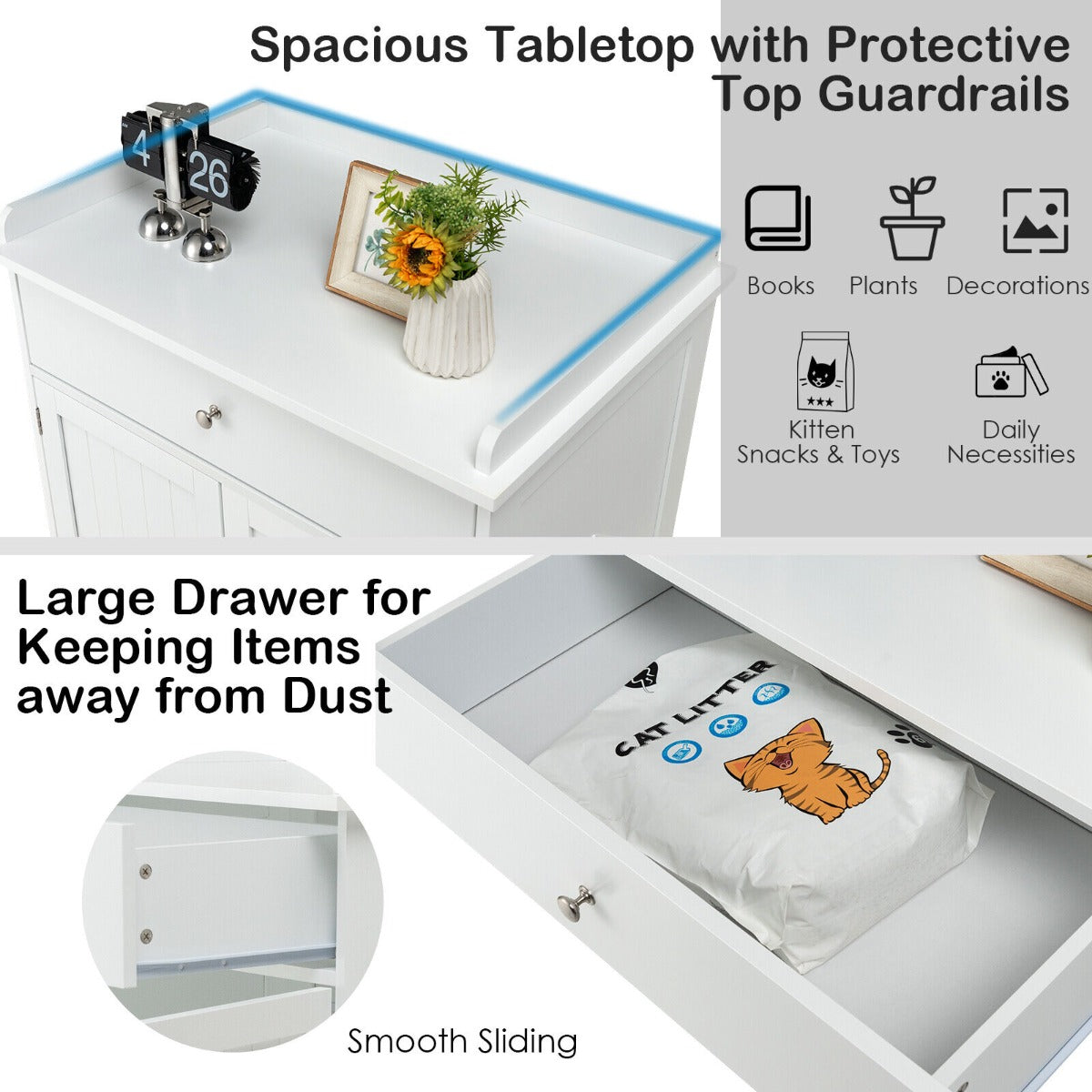 Large Wooden Cat Litter Box Hidden Washroom Toilet with Drawer-White