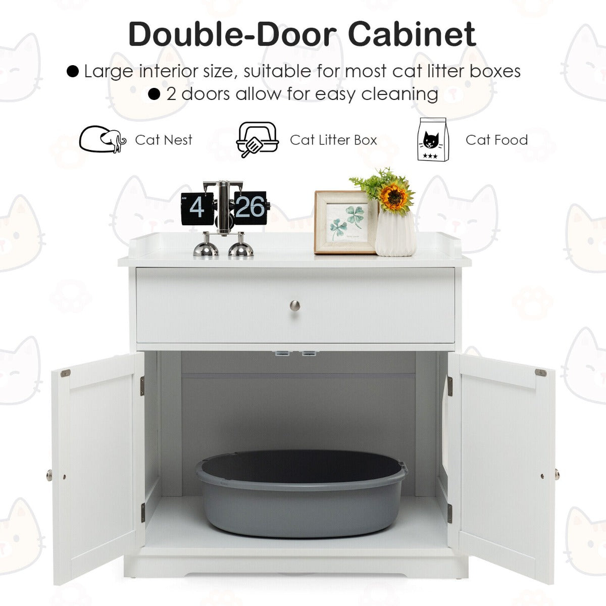 Large Wooden Cat Litter Box Hidden Washroom Toilet with Drawer-White