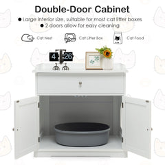 Large Wooden Cat Litter Box Hidden Washroom Toilet with Drawer-White
