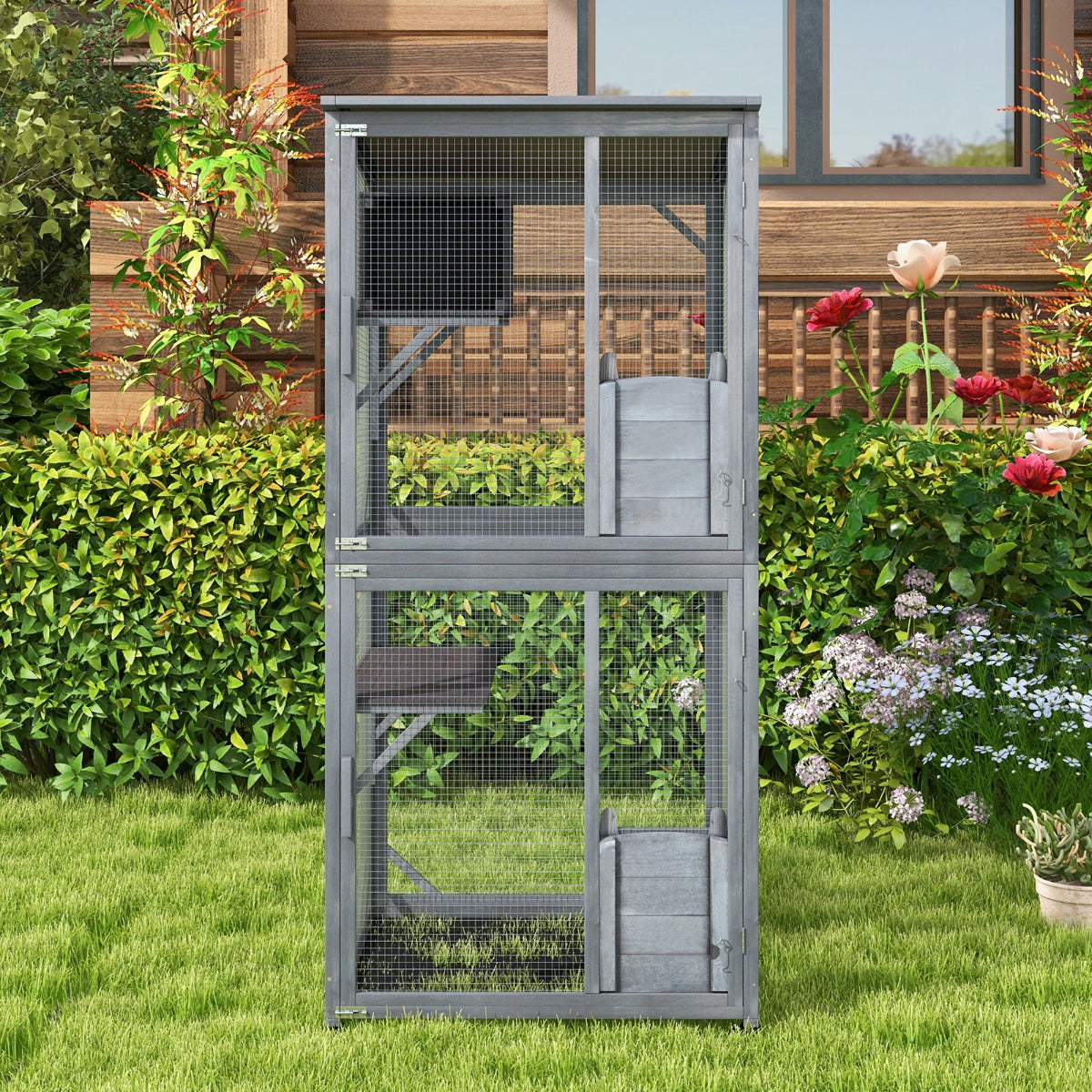 182 cm Tall Outdoor Catio Kitten Enclosure with Weatherproof Asphalt Roof-Grey