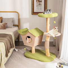 Cute Cat Activity Center with Padded Top Perch and Dangling Bell Balls for Indoor Cats-Green
