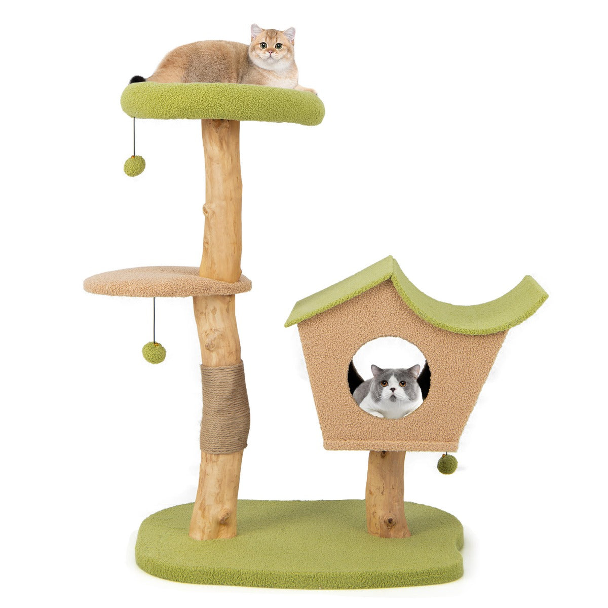 Cute Cat Activity Center with Padded Top Perch and Dangling Bell Balls for Indoor Cats-Green