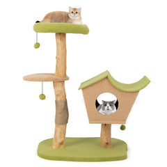 Cute Cat Activity Center with Padded Top Perch and Dangling Bell Balls for Indoor Cats-Green