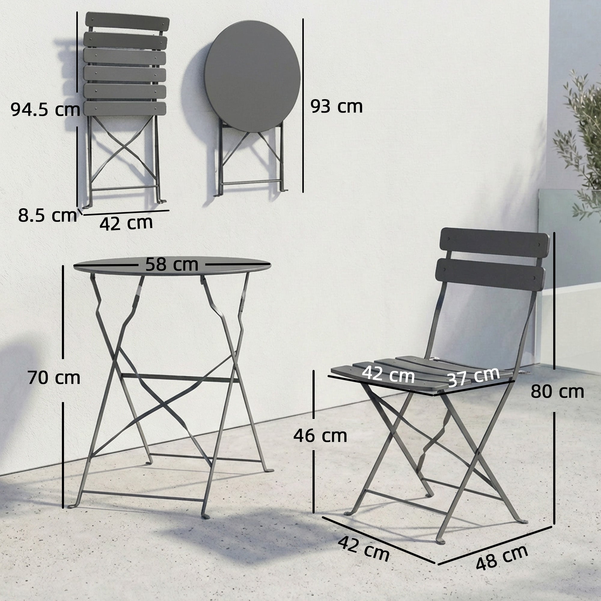 Outsunny Folding Garden Bistro Set, Outdoor Round Bistro Table and Chairs Set 2 with Electrophoresis Metal Frame, Grey