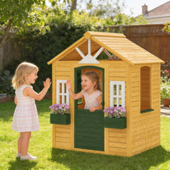 AIYAPLAY Outdoor Kids Playhouse, Wooden Wendy House with Door, 3 Windows, 2 Flower Boxes for Garden, Indoor Playroom