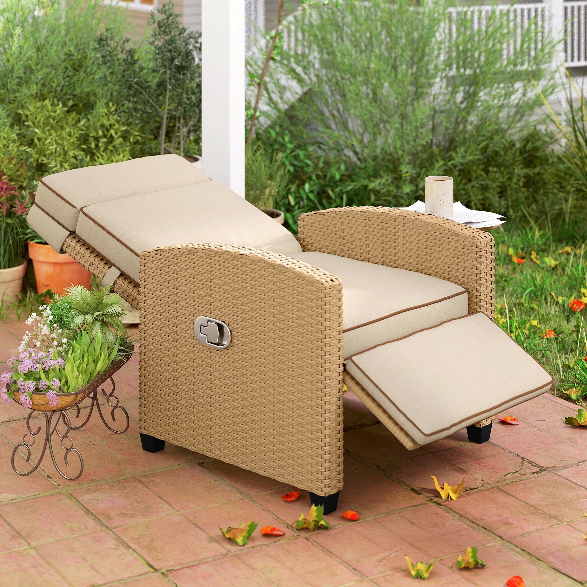 Outsunny 145√Ç¬∞ Reclining Rattan Armchair, with Footrest - Khaki/Beige