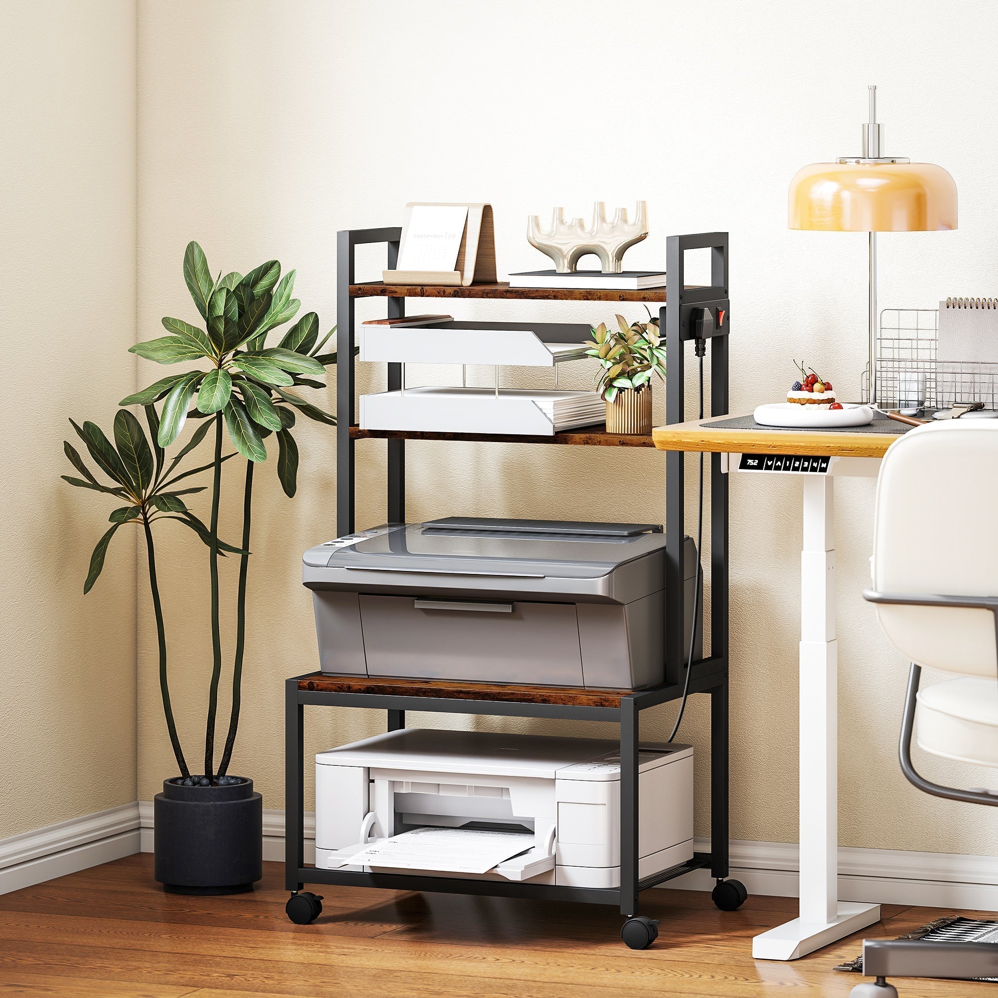 HOMCOM 4-Tier Printer Stand with Power Outlets and Wheels - Rustic Brown